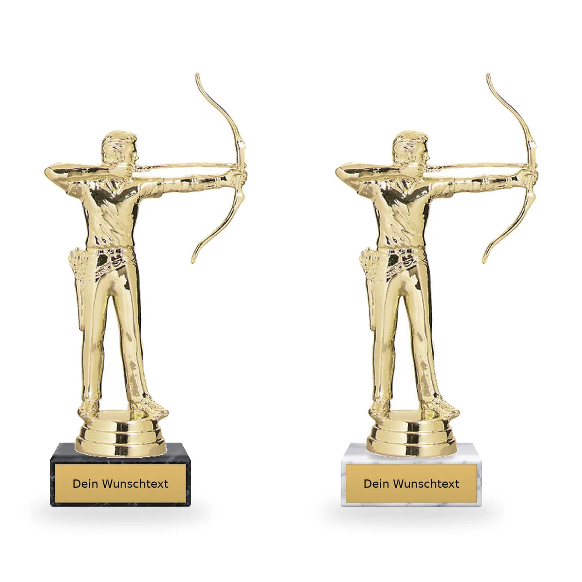 Bogenschiessen männlich Pokal-Figur Helsinki auf schwarzem und weißem Marmorsockel mit Schild für individuelle Beschriftung