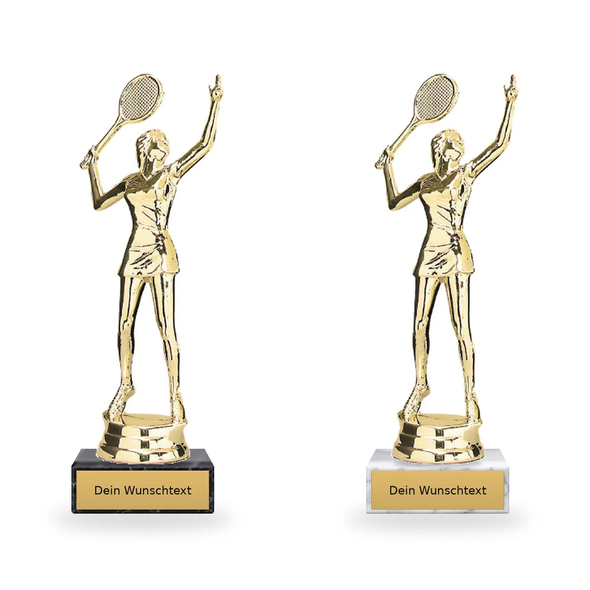 Tennis|weiblich Pokal-Figur Göteborg auf schwarzem und weißem Marmorsockel mit Schild für individuelle Beschriftung