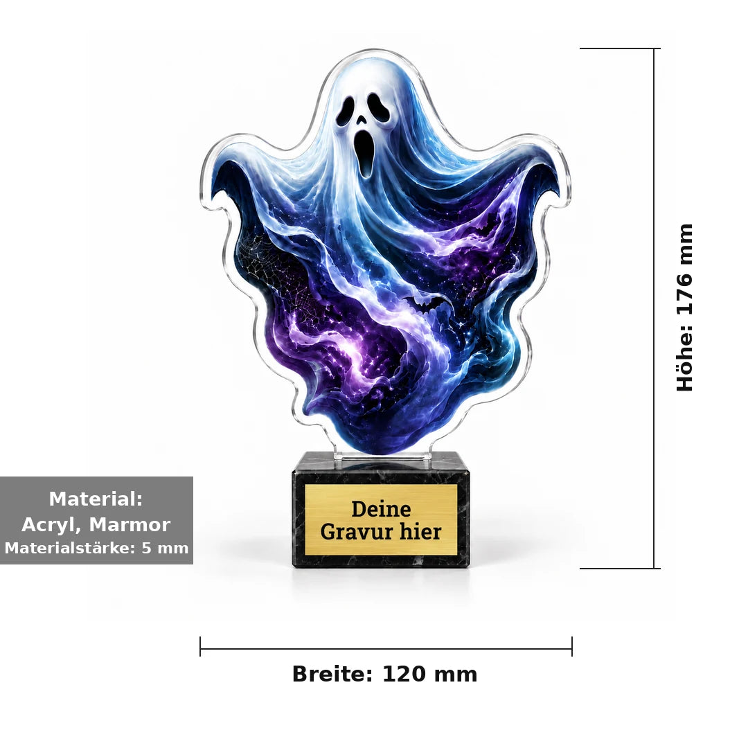 Halloween Acryl-Trophäe Geist: Breite 120 mm, Gesamthöhe 176 mm, Material Acryl und Marmor, Materialstärke 5 mm