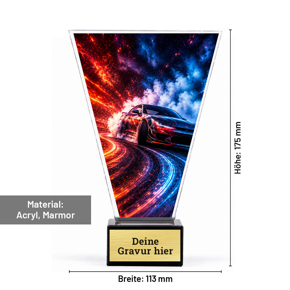 Maße des Signature Glaspokals für Driftsport: 175 × 113 mm