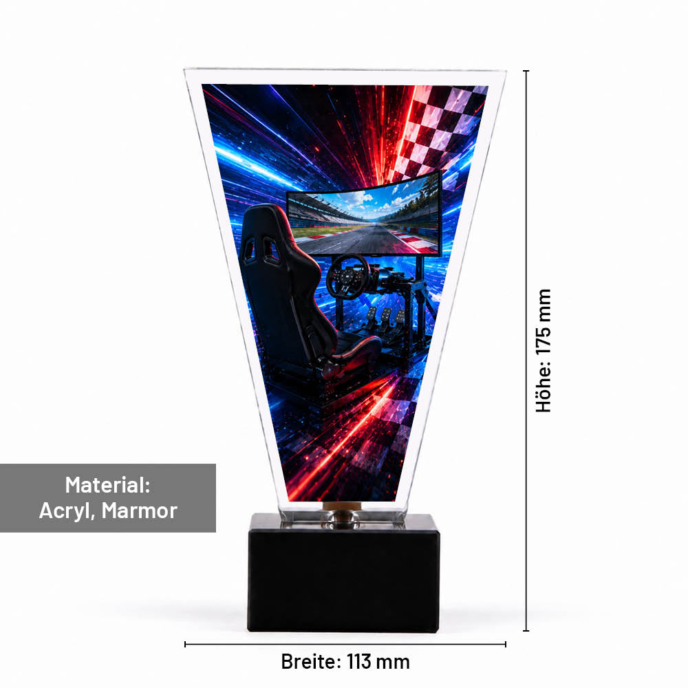 Maße des Signature Glaspokals für Simracing: 175 × 113 mm