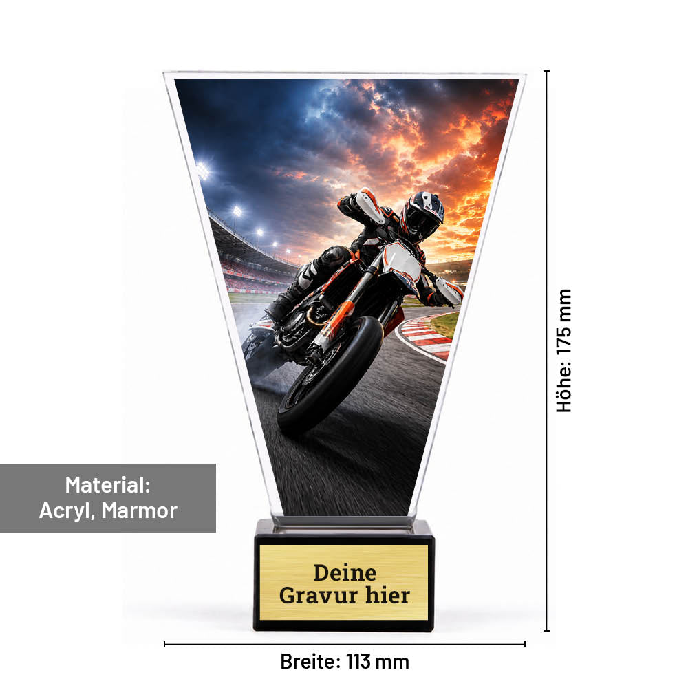 Maße des Signature Glaspokals für Supermoto: 175 × 113 mm