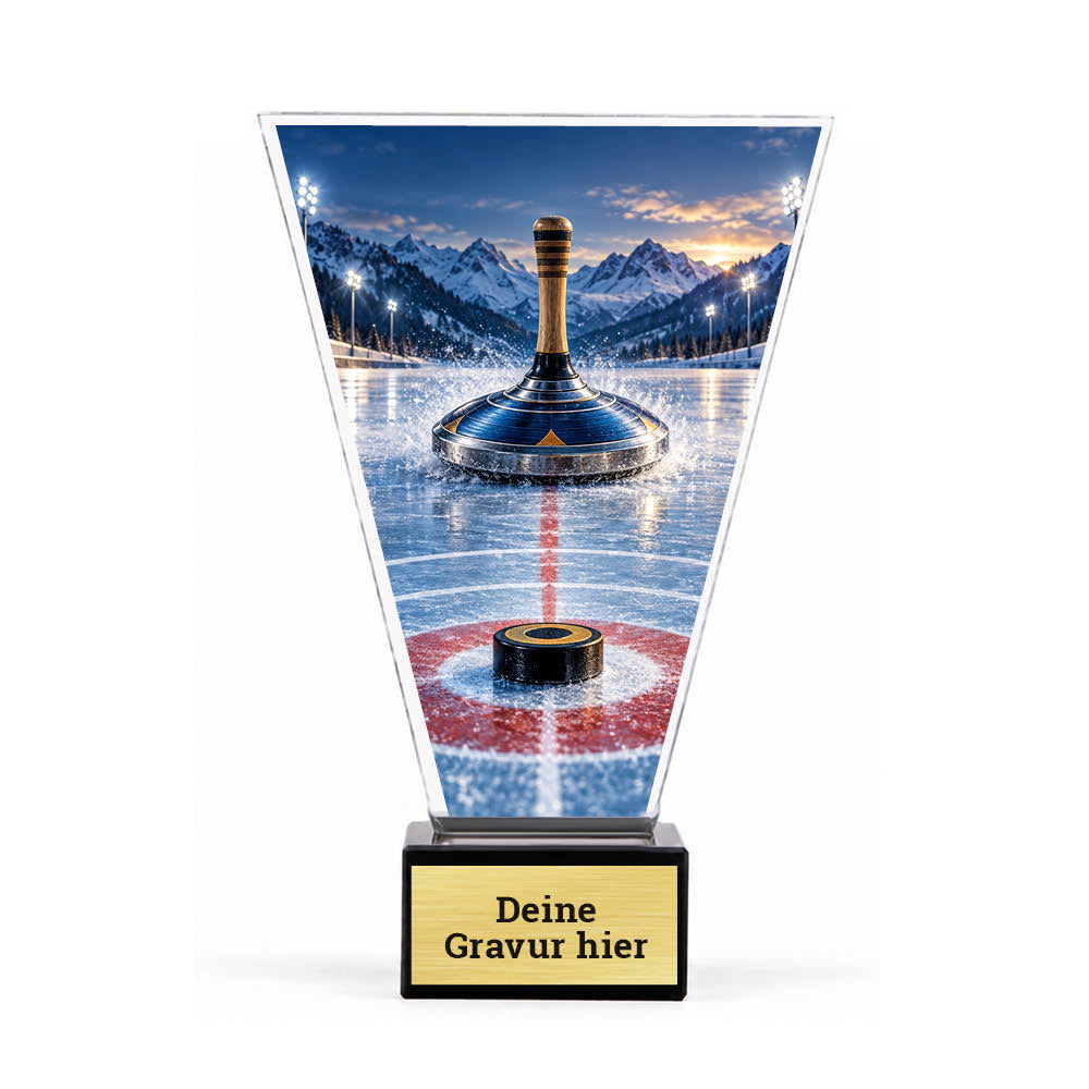Acrylpokal mit Eisstock und Daube auf der Eisbahn auf schwarzem Marmorsockel mit Sockelschild