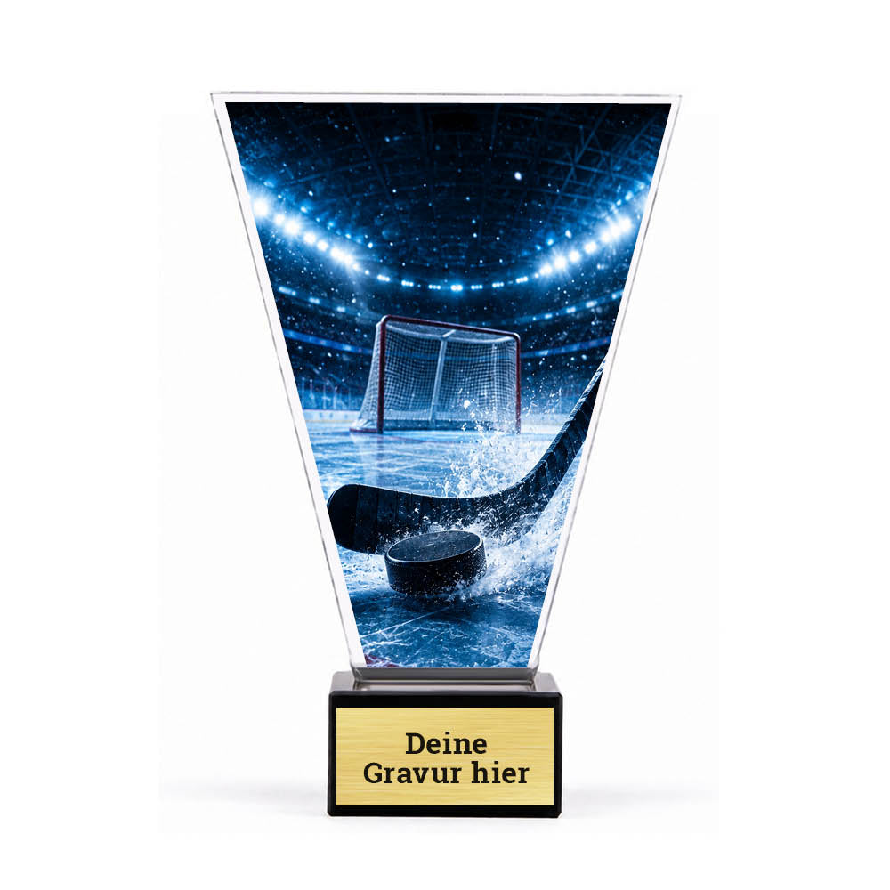 Acrylpokal mit Eishockeyschläger, Puck und Tor auf schwarzem Marmorsockel mit Sockelschild