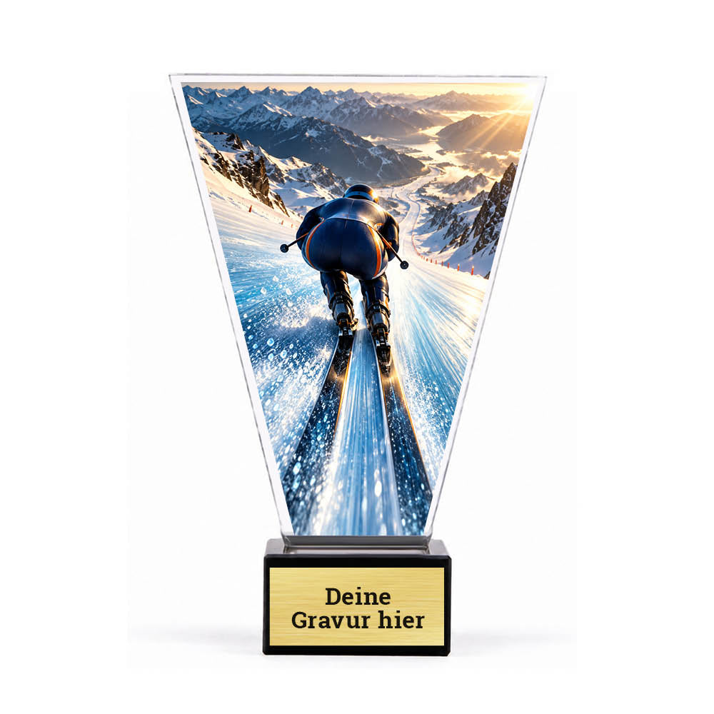 Acrylpokal mit Langläufer auf verschneiter Rennstrecke auf schwarzem Marmorsockel mit Sockelschild