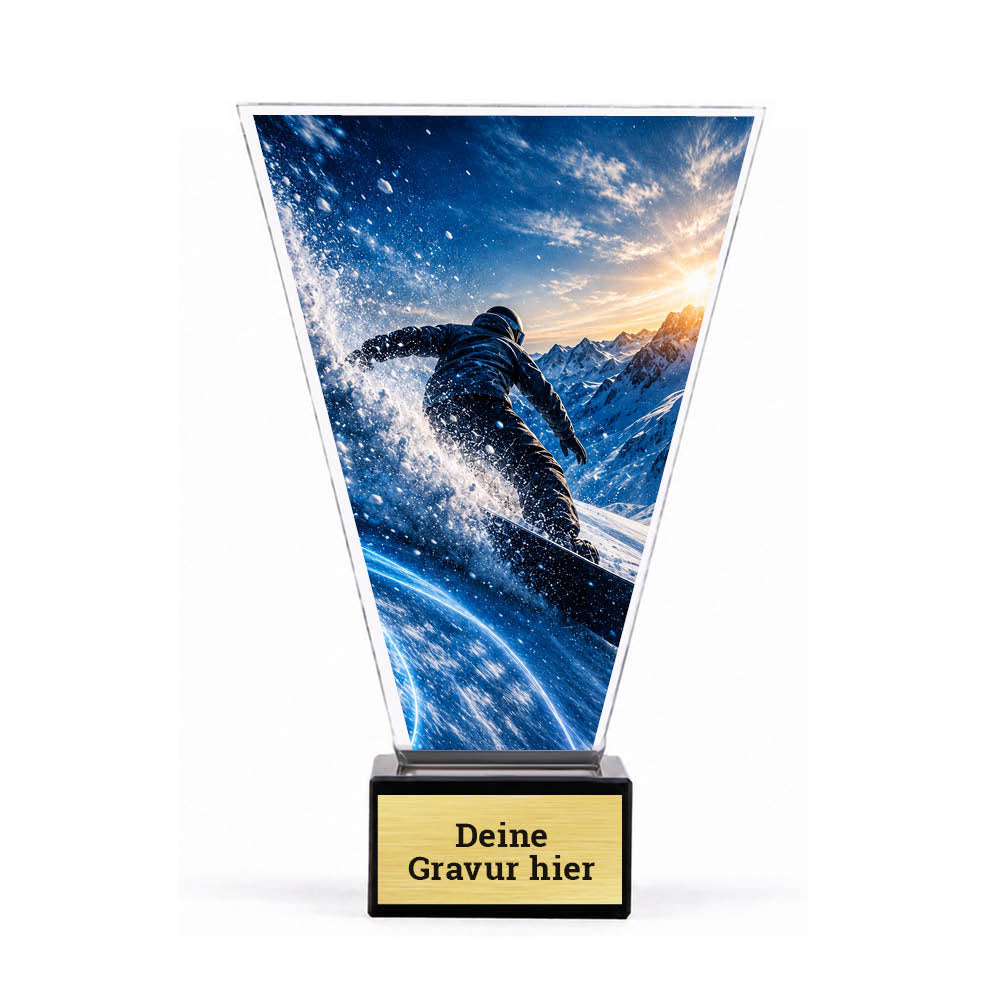 Acrylpokal mit Snowboardfahrt mit aufspritzendem Schnee auf schwarzem Marmorsockel mit Sockelschild