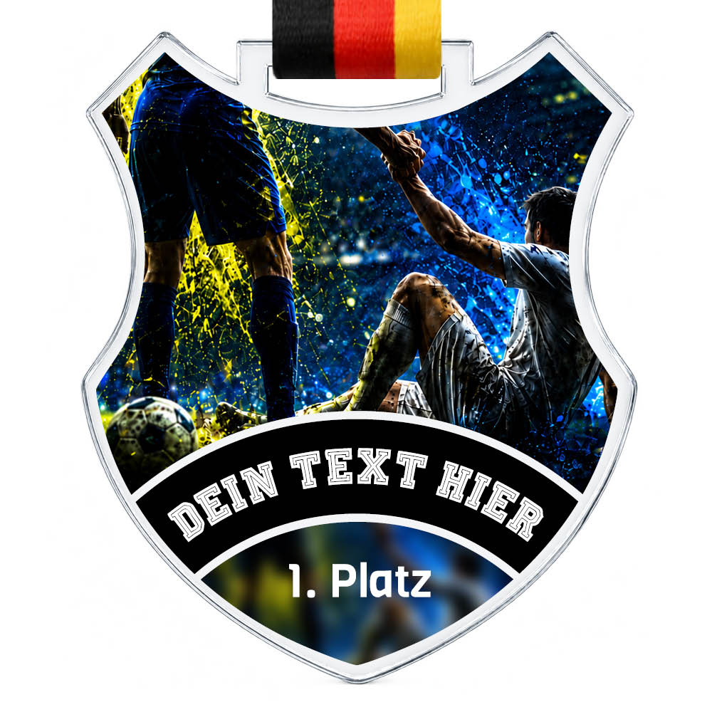 Wappen-Medaille: Fußballspieler hilft einem Mitspieler auf