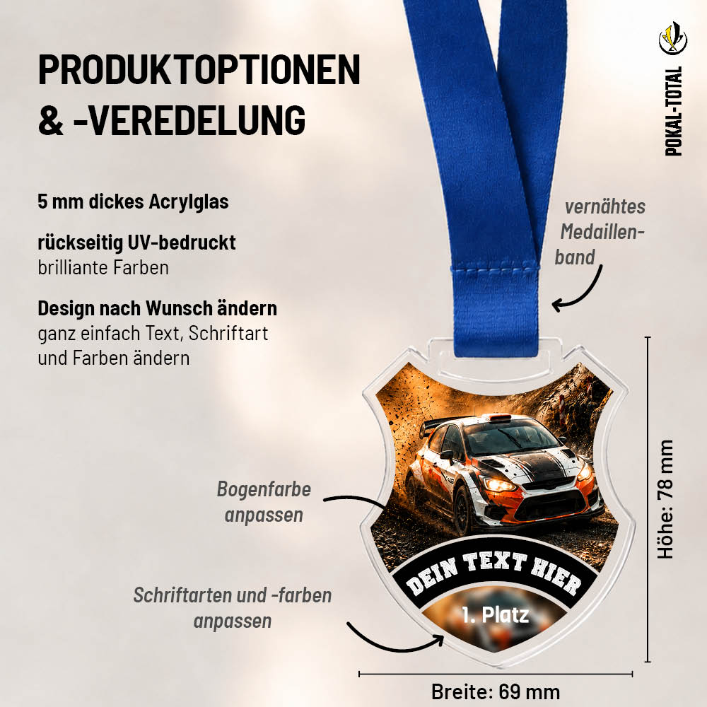 Wappen-Medaille Rallye: Maße 69 × 78 mm und Gestaltungsmöglichkeiten auf 5 mm Acrylglas