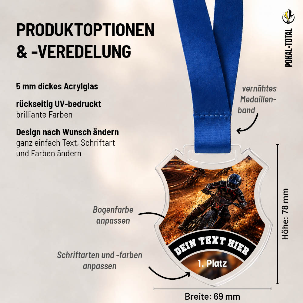 Wappen-Medaille Speedway: Maße 69 × 78 mm und Gestaltungsmöglichkeiten auf 5 mm Acrylglas
