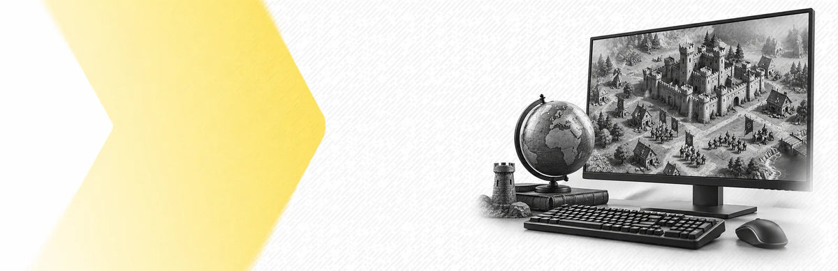 Strategiespiele am PC: Strategieansicht mit Festung, Globus und Tastatur neben gelbem Chevron