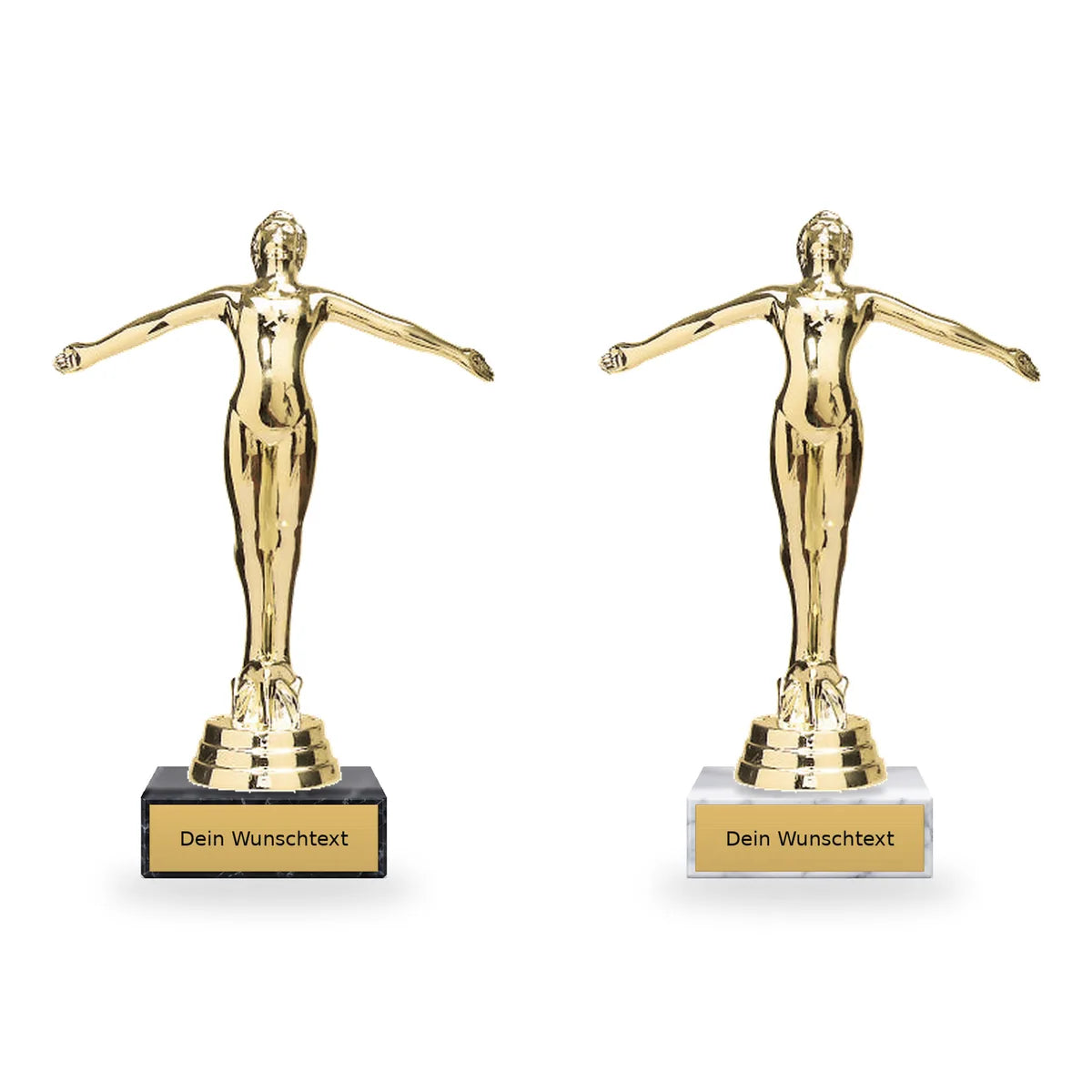 Turnen|weiblich Pokal-Figur Oslo auf schwarzem und weißem Marmorsockel mit Schild für individuelle Beschriftung