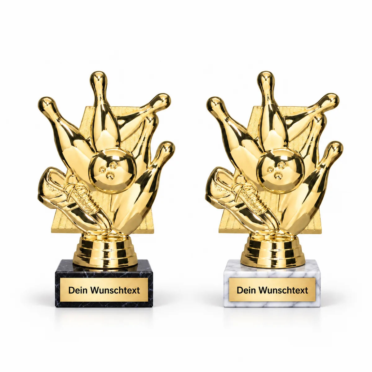 Kegeln Pokal-Figur Moskau auf schwarzem und weißem Marmorsockel mit Sockelschild „Dein Wunschtext“