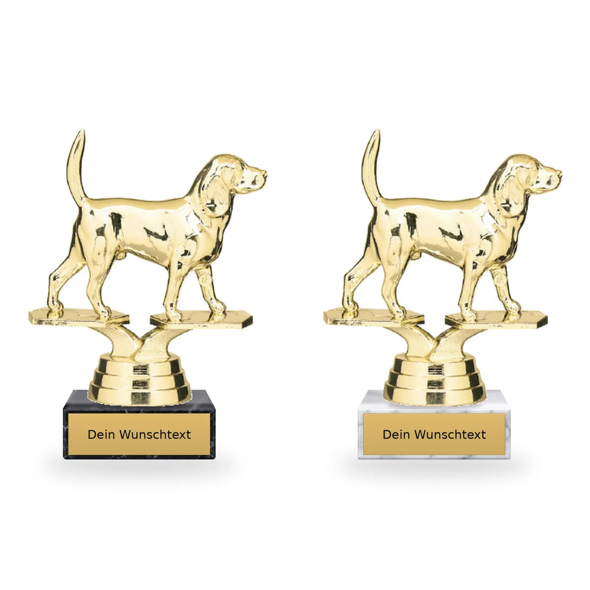 Hund Pokal-Figur Minsk auf schwarzem und weißem Marmorsockel mit Schild für individuelle Beschriftung