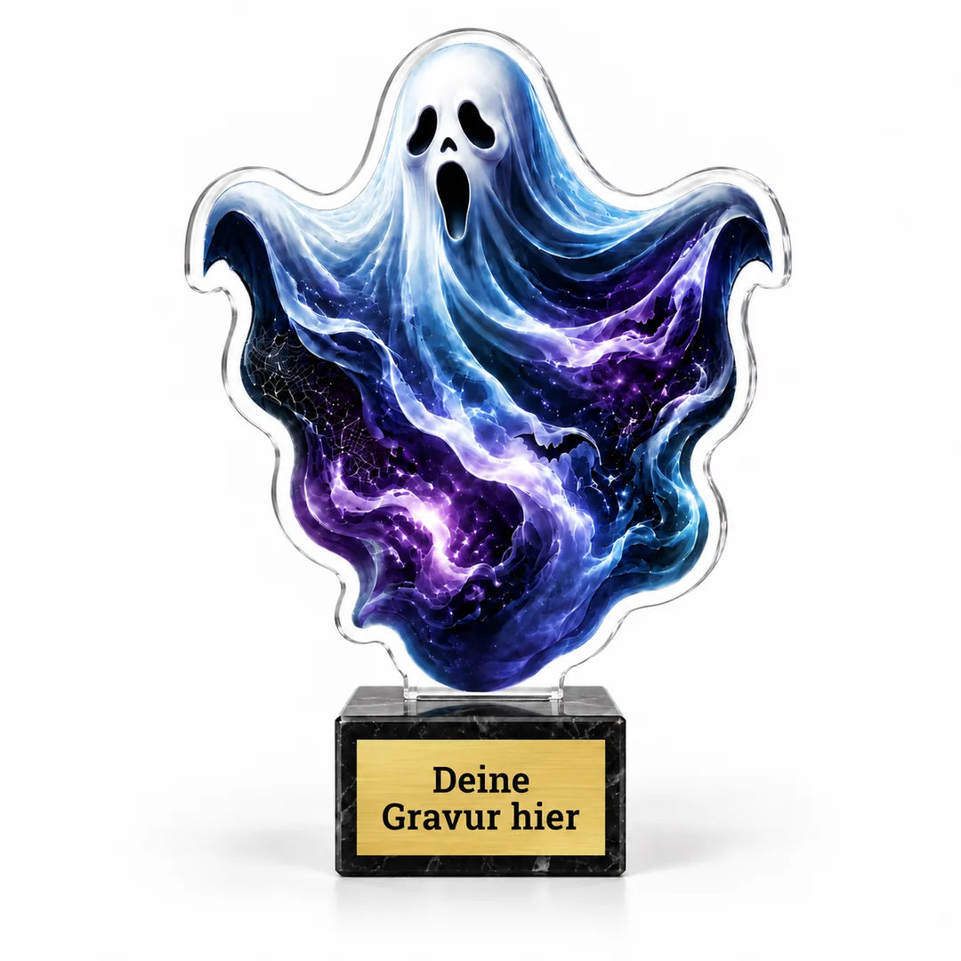 Halloween Acryl-Trophäe Geist auf schwarzem Marmorsockel mit goldenem Sockelschild, Vorderansicht