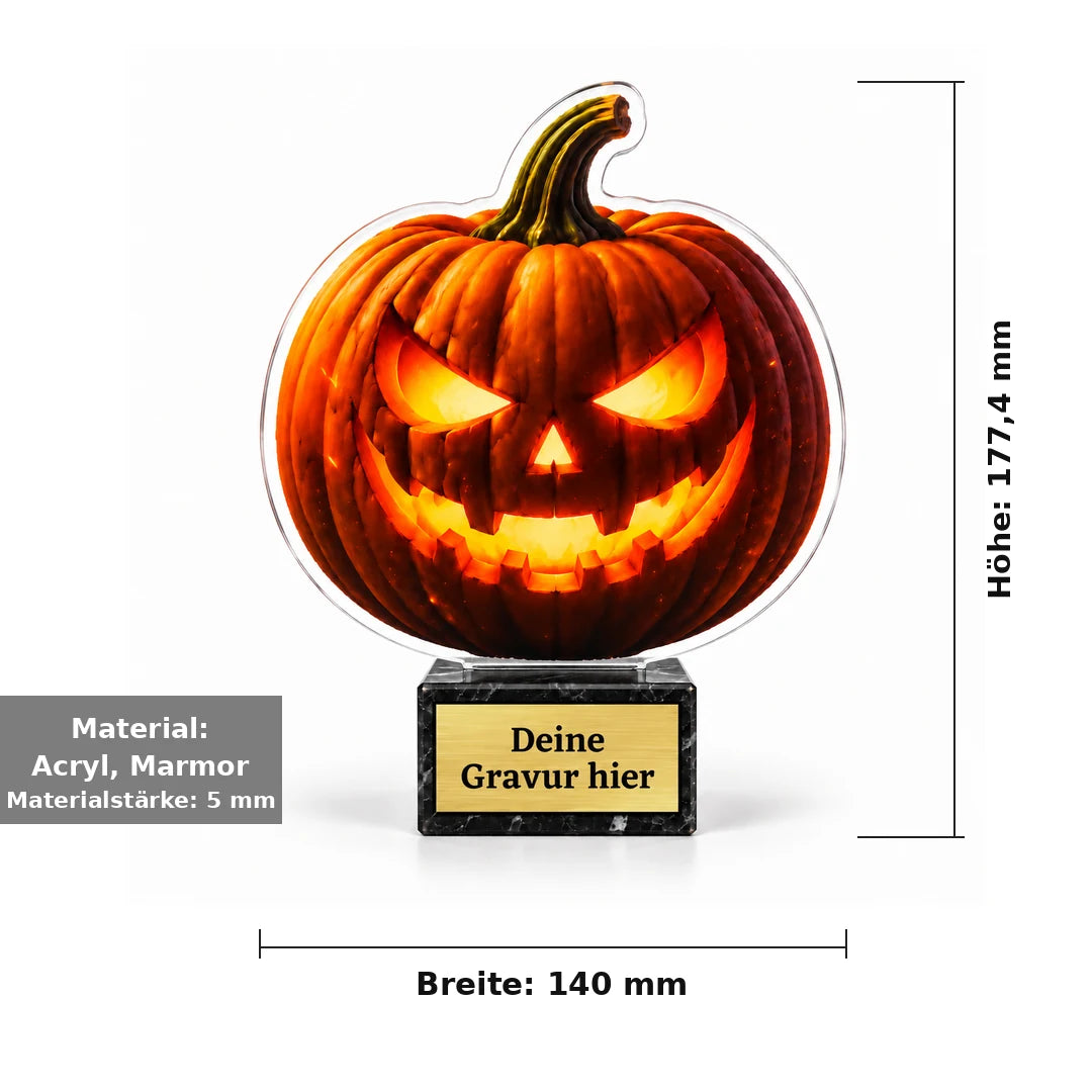 Halloween Acryl-Trophäe Kürbis: Breite 140 mm, Gesamthöhe 177,4 mm, Material Acryl und Marmor, Materialstärke 5 mm