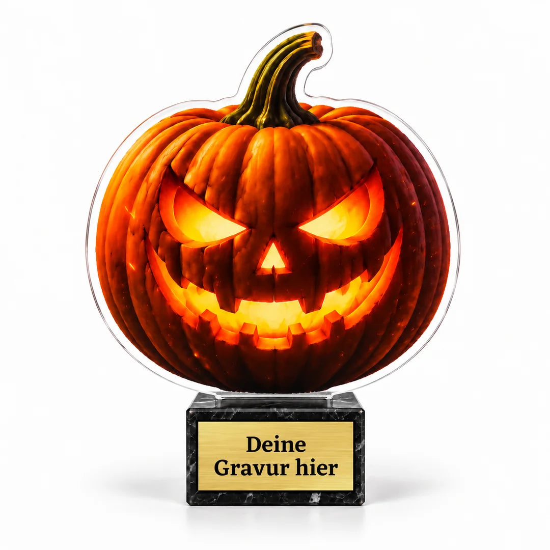 Halloween Acryl-Trophäe Kürbis auf schwarzem Marmorsockel mit goldenem Sockelschild, Vorderansicht