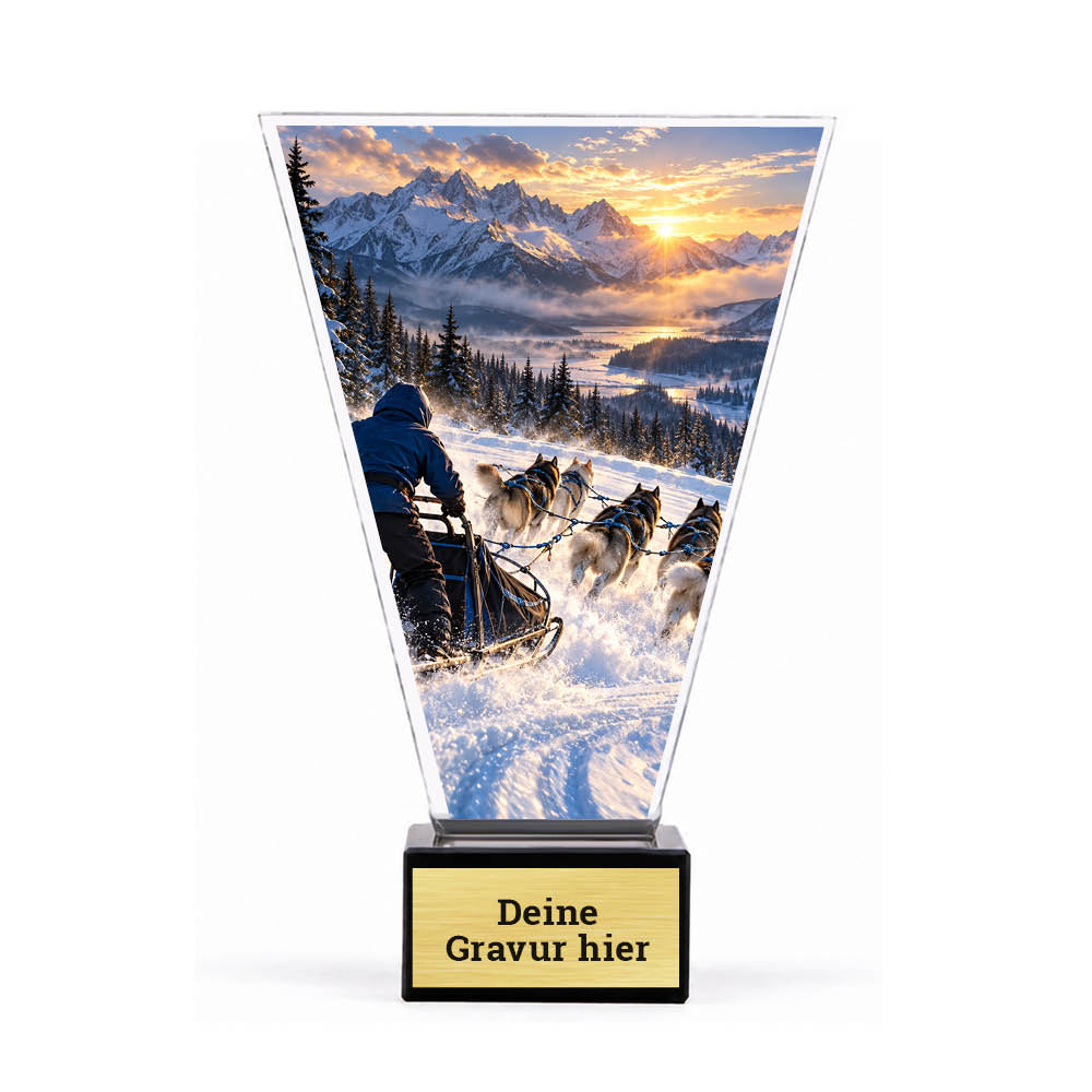 Acrylpokal mit Hundegespann mit Schlitten im Schnee auf schwarzem Marmorsockel mit Sockelschild
