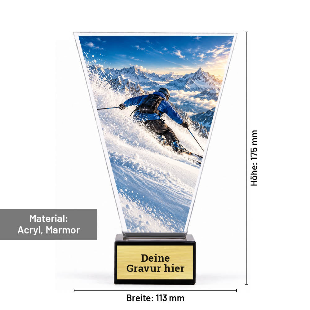 Maßbild Signature Glaspokal Ski Freestyle: 175 mm Höhe, 113 mm Breite, Acrylplatte und Marmorsockel