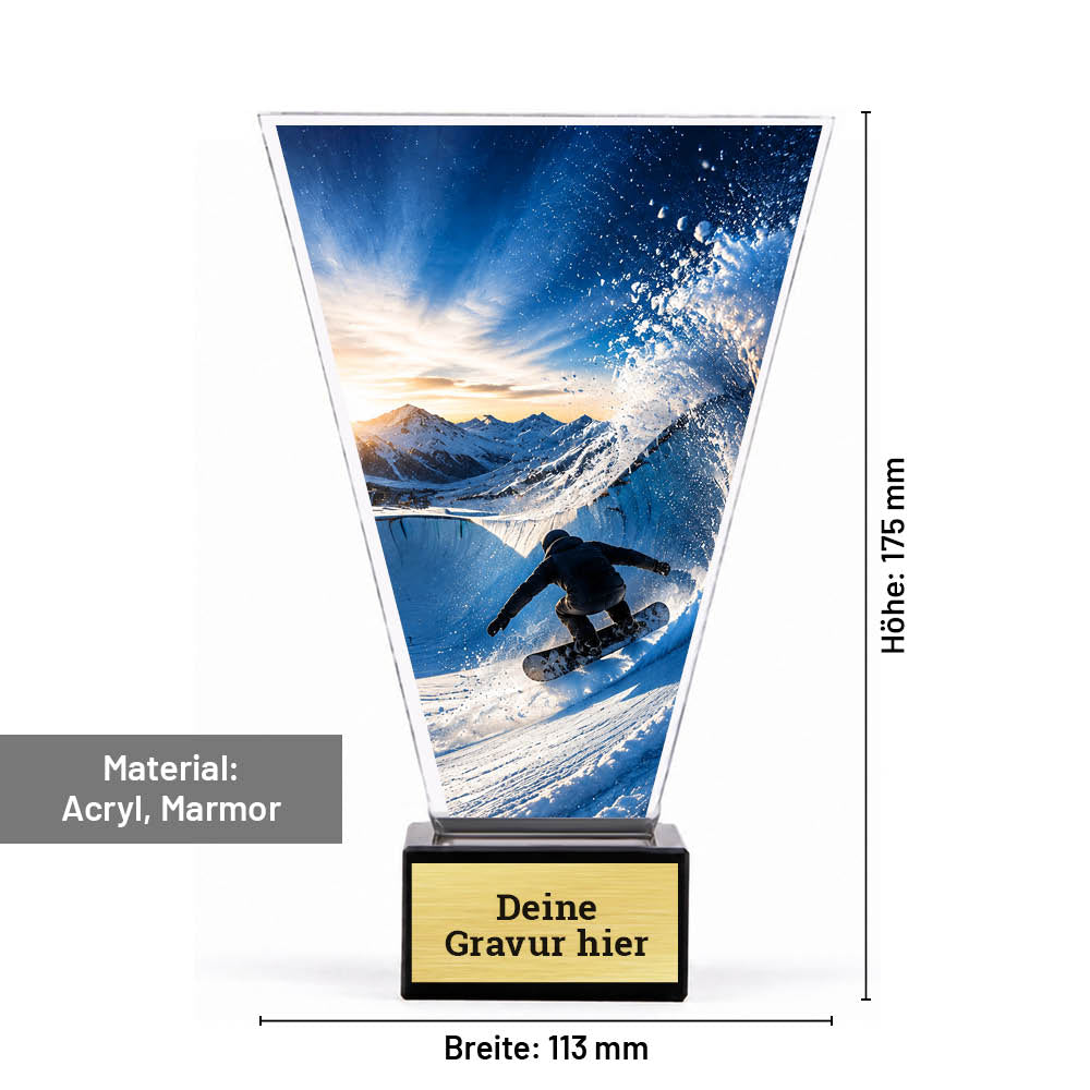 Maßbild Signature Glaspokal Snowboard: 175 mm Höhe, 113 mm Breite, Acrylplatte und Marmorsockel