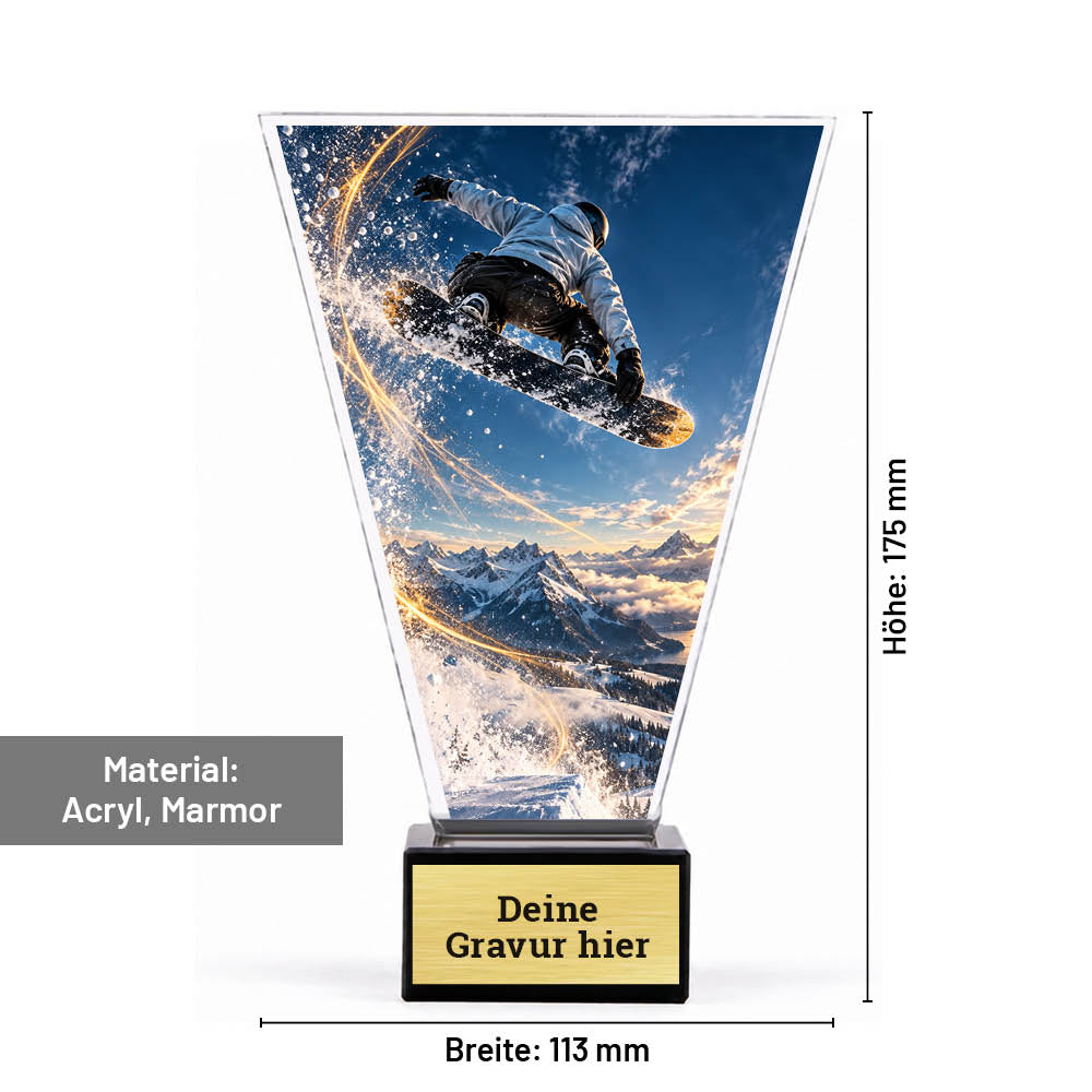 Maßbild Signature Glaspokal Snowboardspringen: 175 mm Höhe, 113 mm Breite, Acrylplatte und Marmorsockel