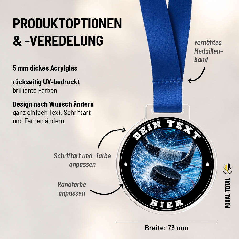 Maßübersicht der Signature Medaille mit Eishockeypuck und Schlägern
