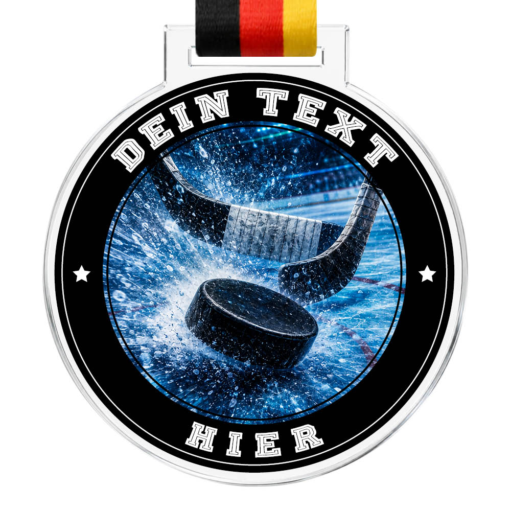Signature Medaille mit Eishockeypuck und Schlägern