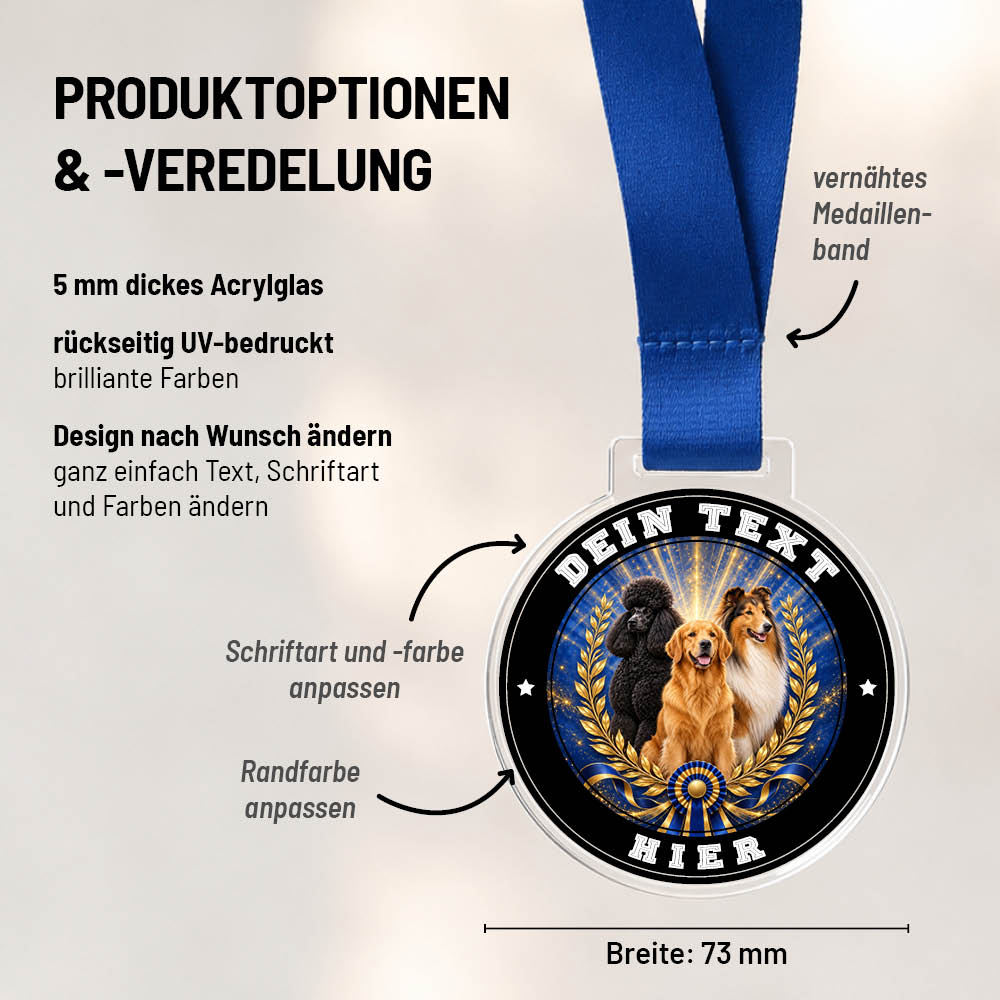 Maßübersicht und Gestaltungsoptionen der Signature Medaille Rasse-Show