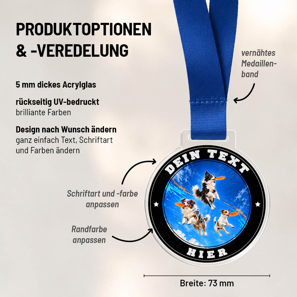 Maßübersicht und Gestaltungsoptionen der Signature Medaille Dog Frisbee