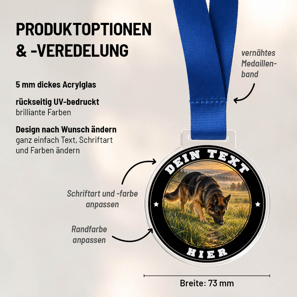 Maßübersicht und Gestaltungsoptionen der Signature Medaille Fährtenhundsport