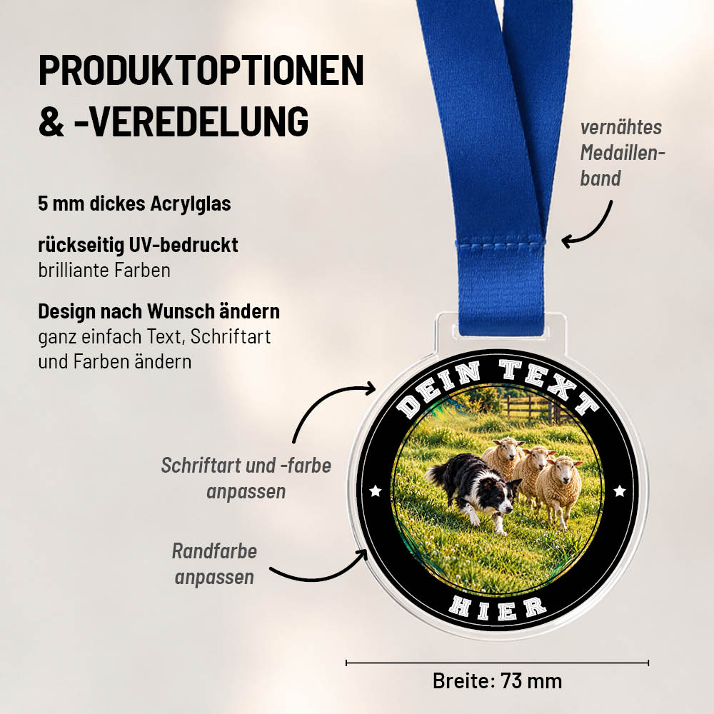 Maßübersicht und Gestaltungsoptionen der Signature Medaille Hütehundsport