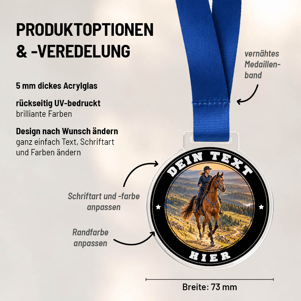 Maßübersicht und Gestaltungsoptionen der Signature Medaille Distanzreiten