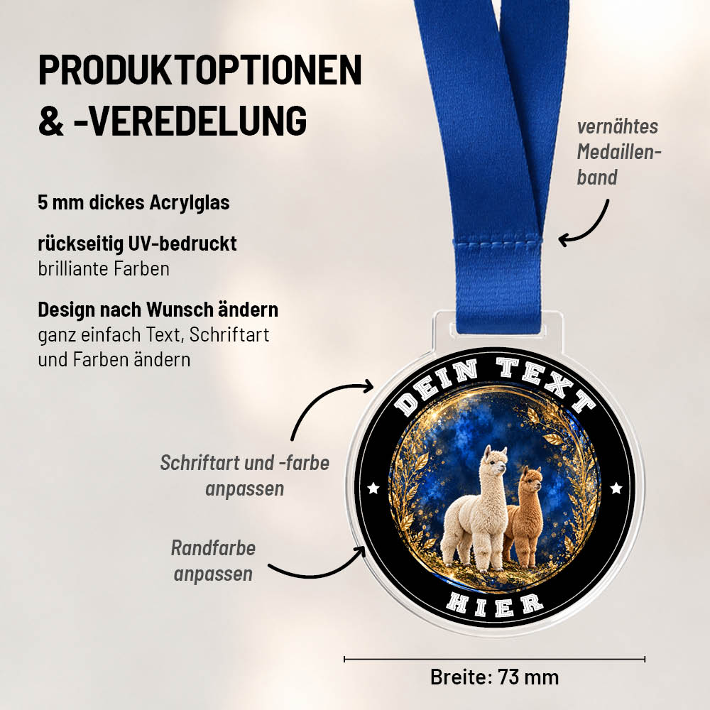 Maßübersicht und Gestaltungsoptionen der Signature Medaille Alpakaschau
