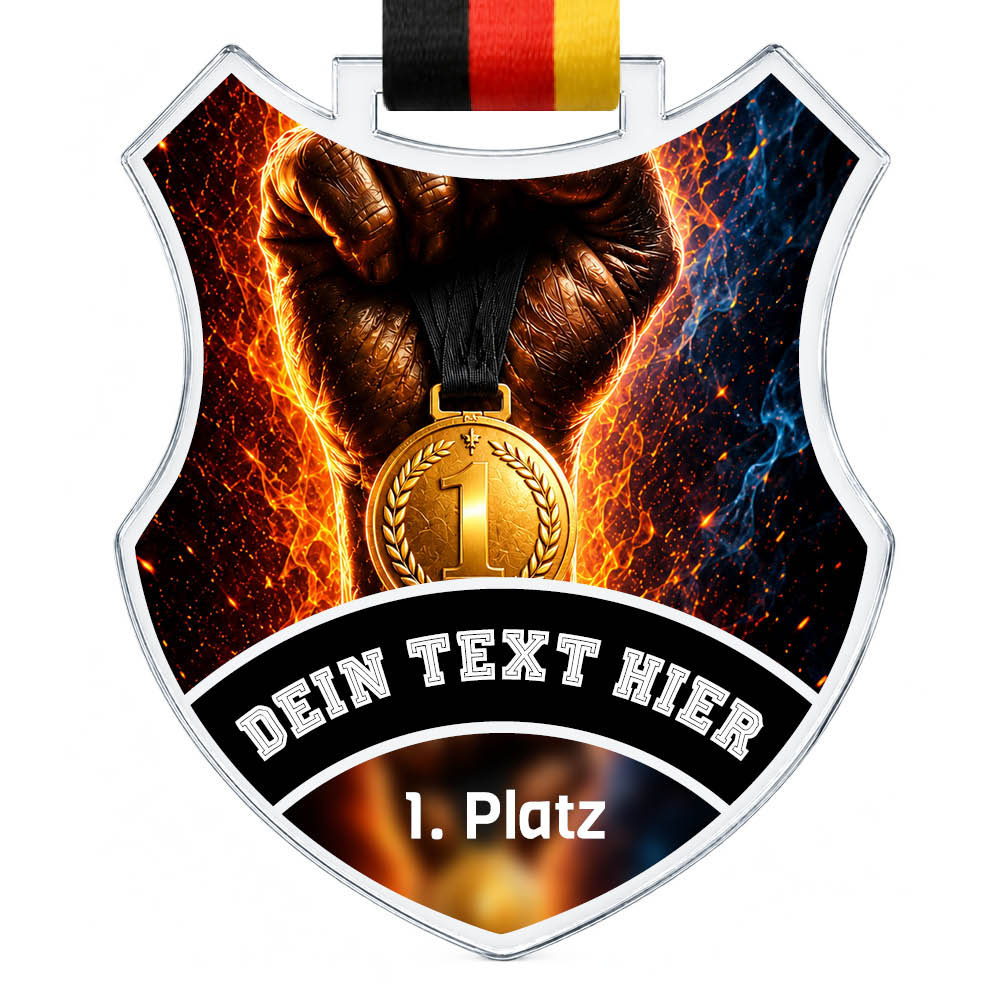 Wappen-Medaille: Faust und Medaille mit Platzierungszahl 1