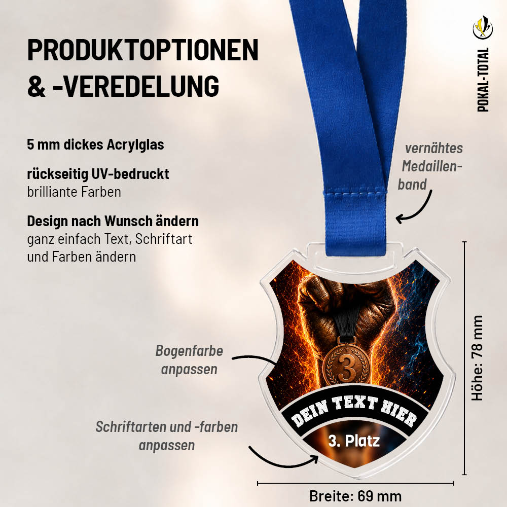 Maßübersicht und Gestaltungsoptionen einer Wappenmedaille mit Faust und Platzierungszahl 1