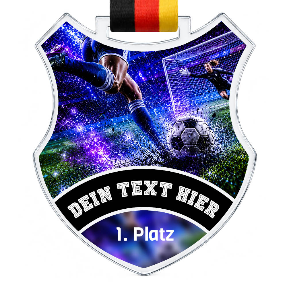 Wappen-Medaille: Fußballspielerin beim Torschuss