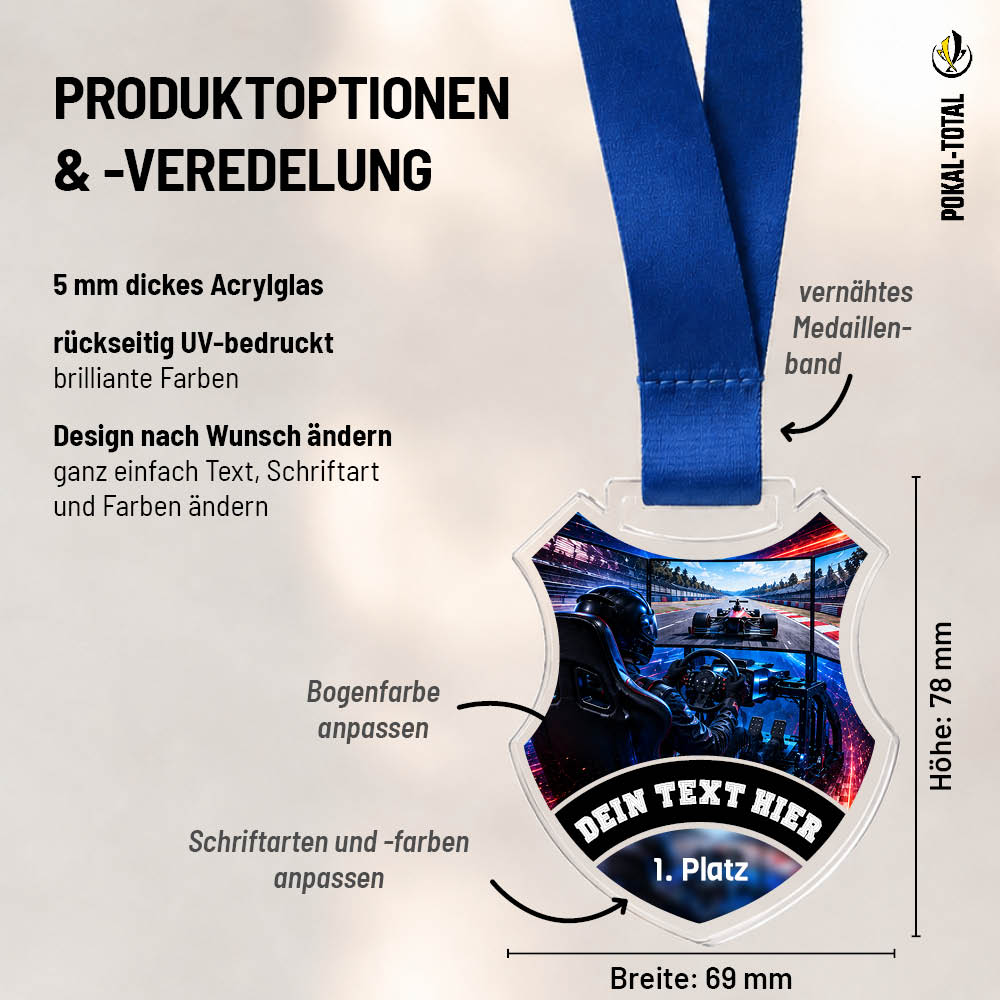 Wappen-Medaille E-Racing: Maße 69 × 78 mm und Gestaltungsmöglichkeiten auf 5 mm Acrylglas