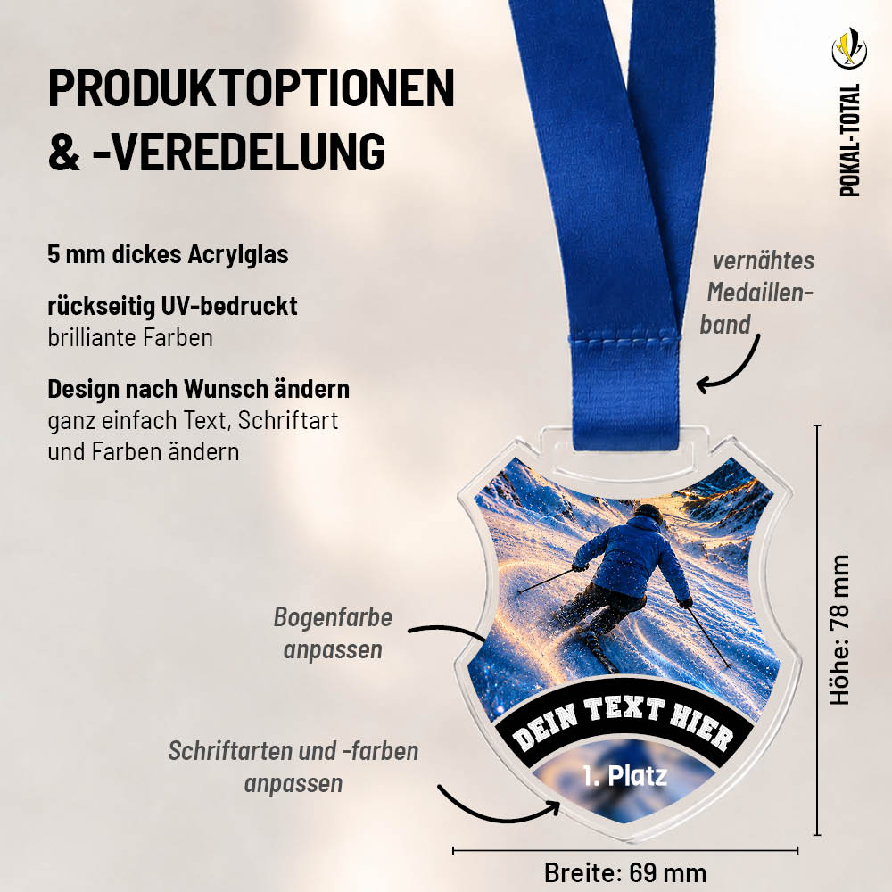 Maßübersicht der Signature Medaille Skifahren