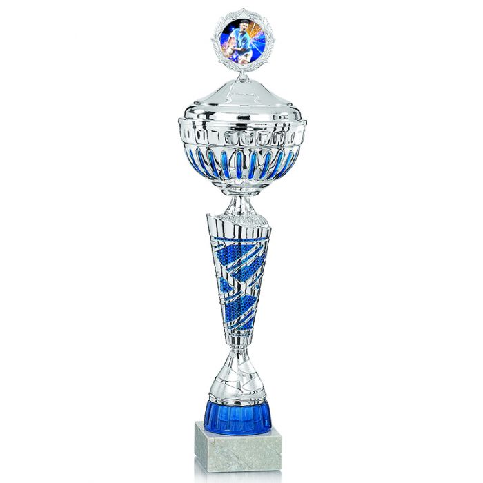 10er FUSSBALL Pokale mit Figur Pokalserie mit Gravur TOP Preis silber blau 